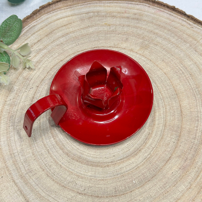 Vintage Red Enamel Candle Holder Portable Finger Loop Flower Petal Design