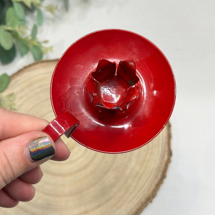 Vintage Red Enamel Candle Holder Portable Finger Loop Flower Petal Design