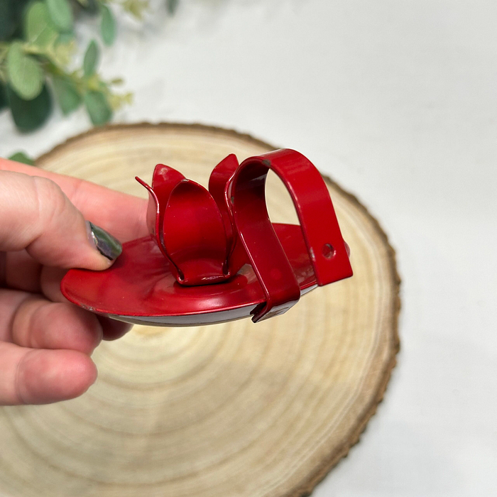 Vintage Red Enamel Candle Holder Portable Finger Loop Flower Petal Design