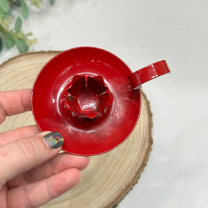 Vintage Red Enamel Candle Holder Portable Finger Loop Flower Petal Design