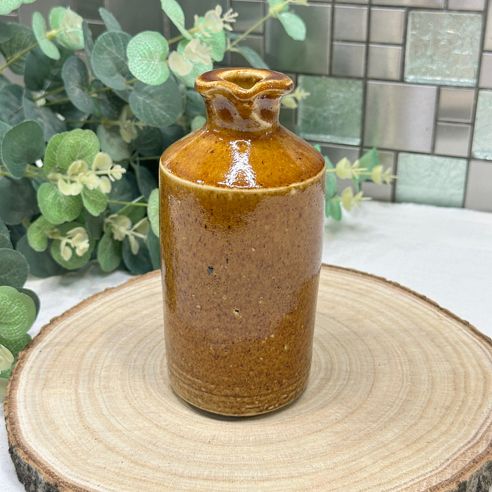 Antique Stoneware Ink Bottle Salt Glazed Pouring Bottle Brown Pottery c1800s