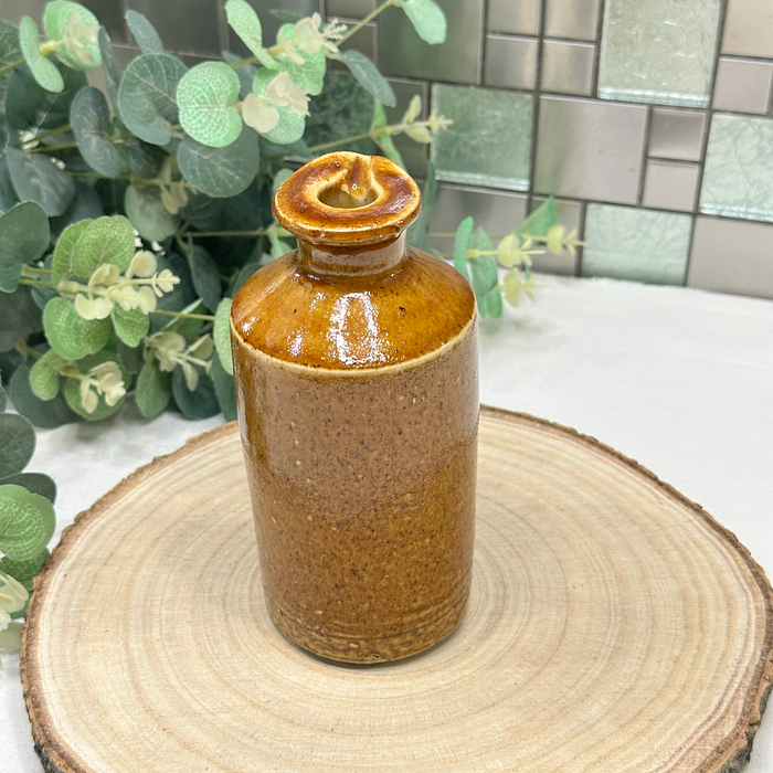 Antique Stoneware Ink Bottle Salt Glazed Pouring Bottle Brown Pottery c1800s