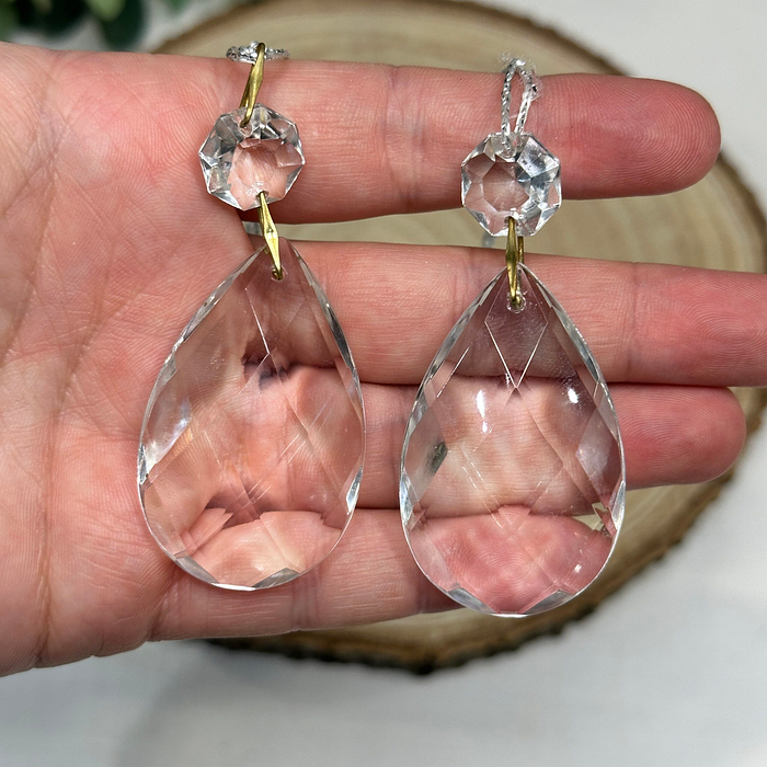 Vintage Crystal Chandelier Drops Pair Large Faceted Teardrop Prisms Craft