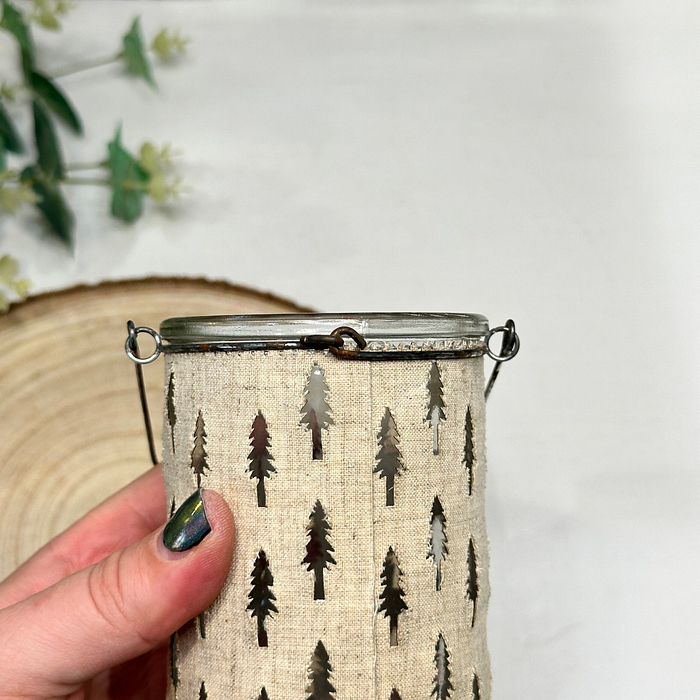 Rustic Christmas Tree Lantern Glass Candle Holder Fabric Wrap Metal Handle