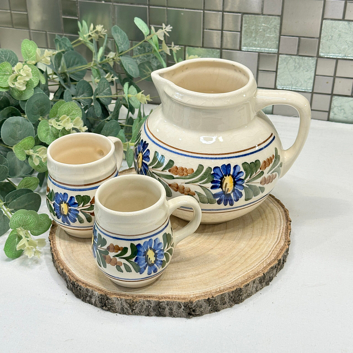 Vintage Hand-Painted Floral Pitcher & 2 Mugs Set Ceramic Folk Art