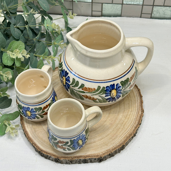 Vintage Hand-Painted Floral Pitcher & 2 Mugs Set Ceramic Folk Art