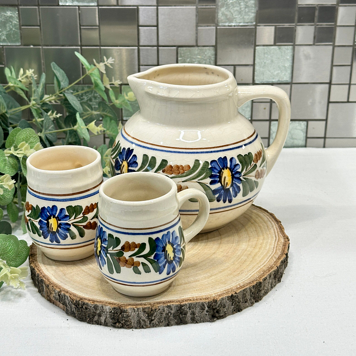 Vintage Hand-Painted Floral Pitcher & 2 Mugs Set Ceramic Folk Art