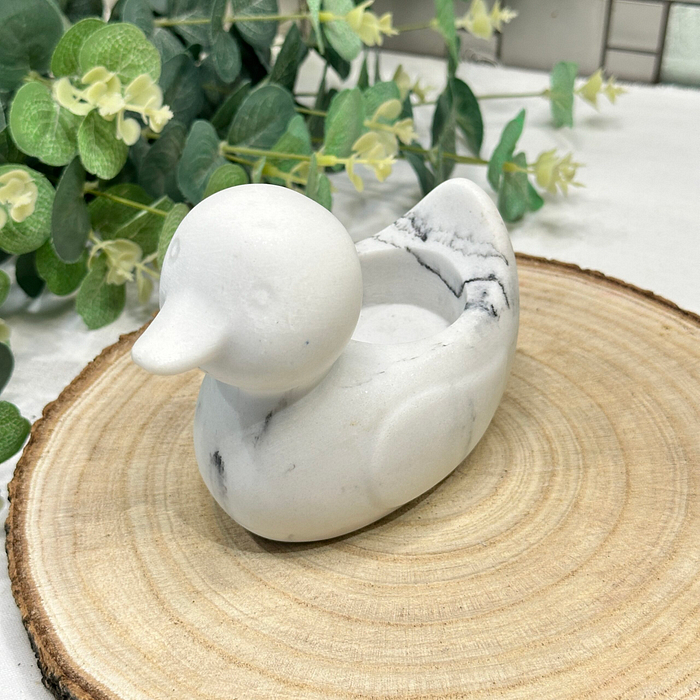 Marble Effect Duck Tealight Holder Resin White Grey Nautical Bathroom