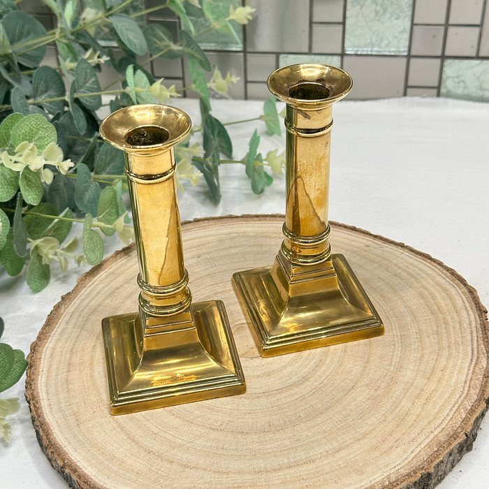 Pair Vintage Brass Candlesticks Georgian Style Columnar Candle Holders