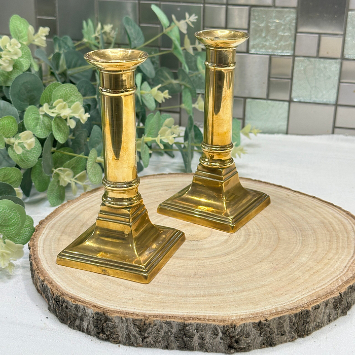 Pair Vintage Brass Candlesticks Georgian Style Columnar Candle Holders