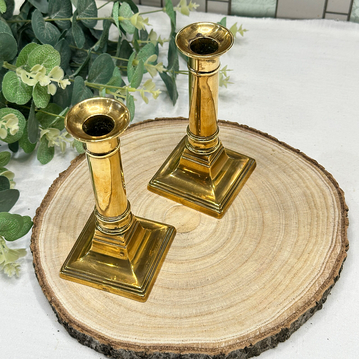 Pair Vintage Brass Candlesticks Georgian Style Columnar Candle Holders