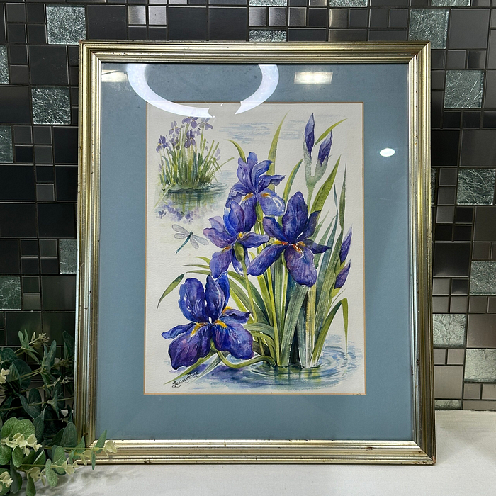 Lesley King Watercolour Irises Dragonfly Floral Art Framed Painting