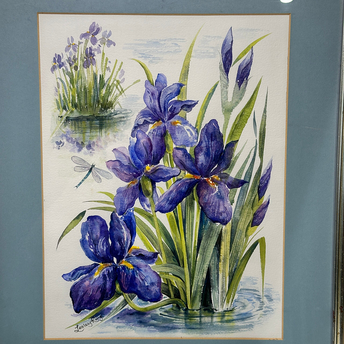 Lesley King Watercolour Irises Dragonfly Floral Art Framed Painting