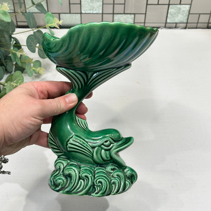 Vintage Dartmouth Pottery Green Dolphin Fish Soap Dish 1970s