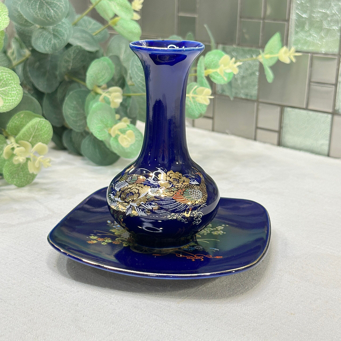 Vintage Japanese Cobalt Blue Vase & Dish Pheasant Floral Chokin Style