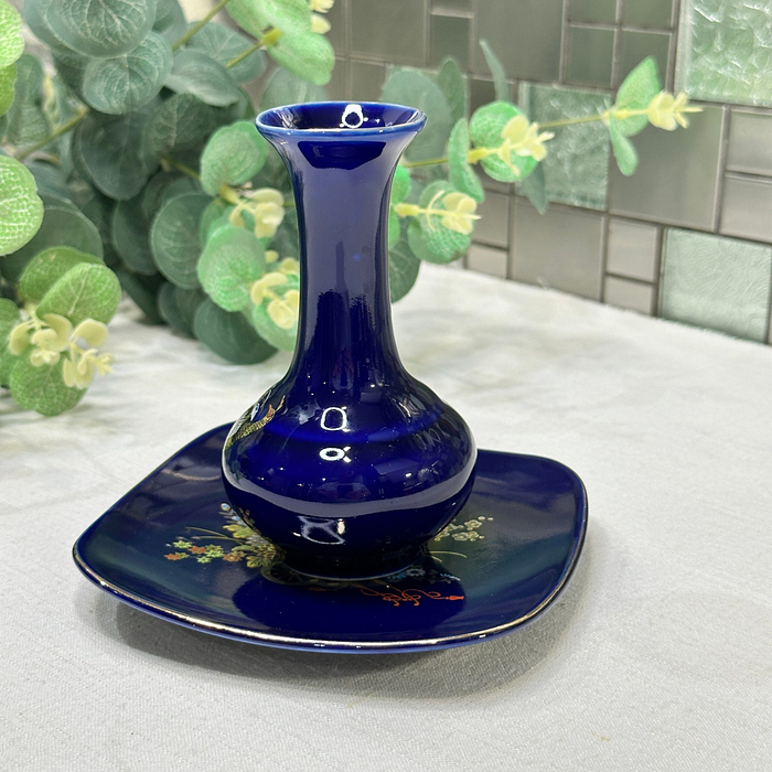 Vintage Japanese Cobalt Blue Vase & Dish Pheasant Floral Chokin Style