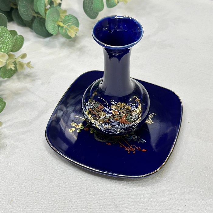 Vintage Japanese Cobalt Blue Vase & Dish Pheasant Floral Chokin Style