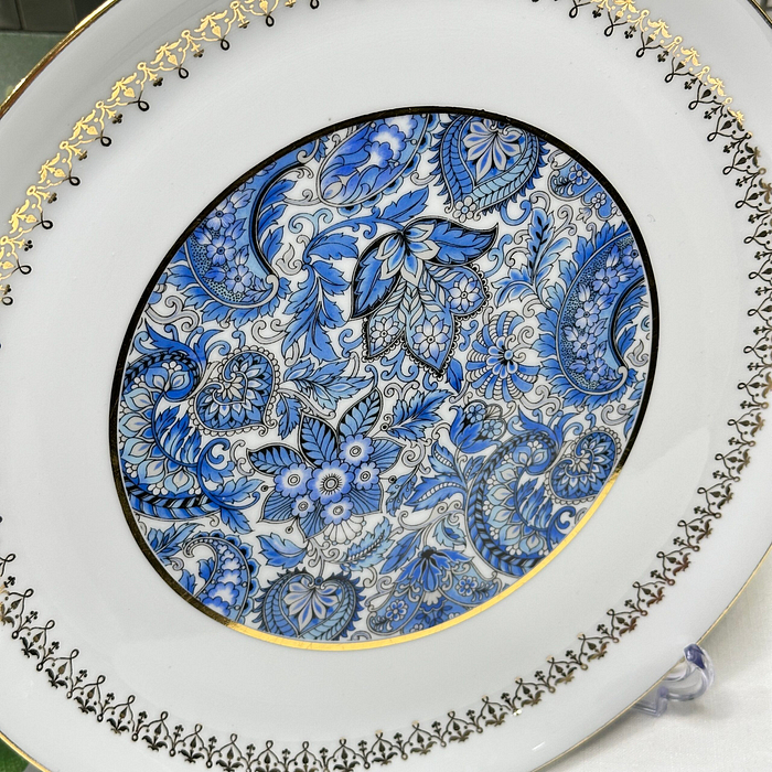 Vintage Pilivite Cake Plate Blue Paisley Gilt 1950s French Porcelain