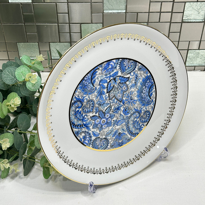 Vintage Pilivite Cake Plate Blue Paisley Gilt 1950s French Porcelain