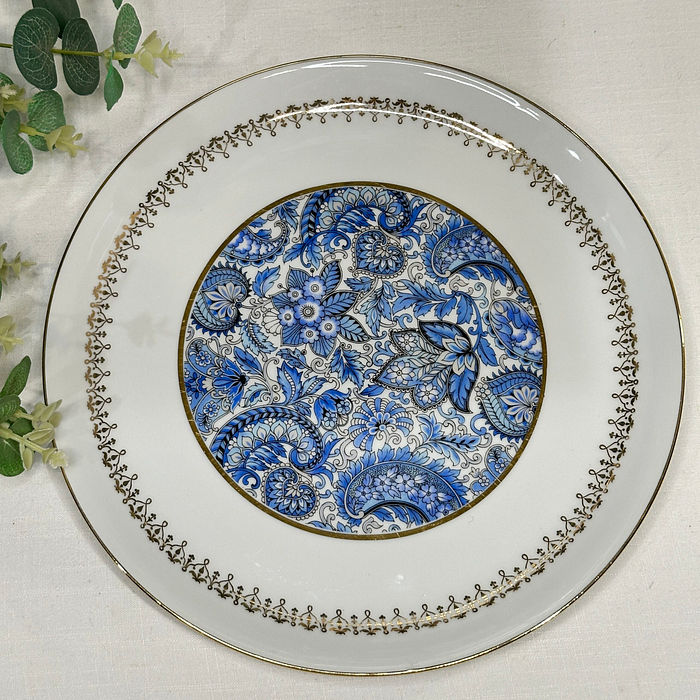 Vintage Pilivite Cake Plate Blue Paisley Gilt 1950s French Porcelain