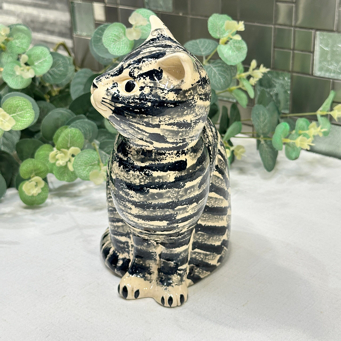 Vintage West Lodge Pottery Cat Figurine Large Ceramic Cream Black Grey Stripes