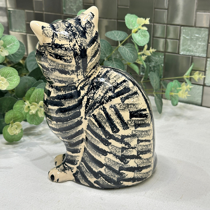 Vintage West Lodge Pottery Cat Figurine Large Ceramic Cream Black Grey Stripes