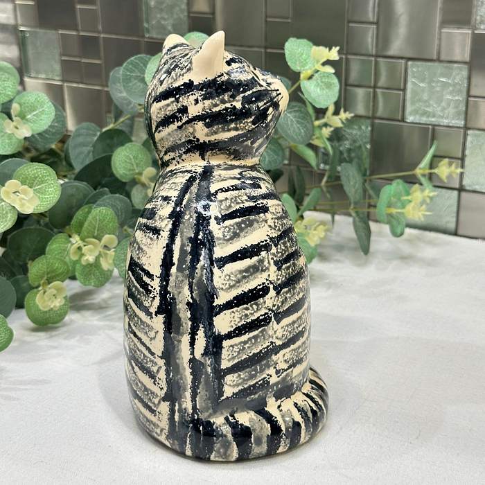 Vintage West Lodge Pottery Cat Figurine Large Ceramic Cream Black Grey Stripes