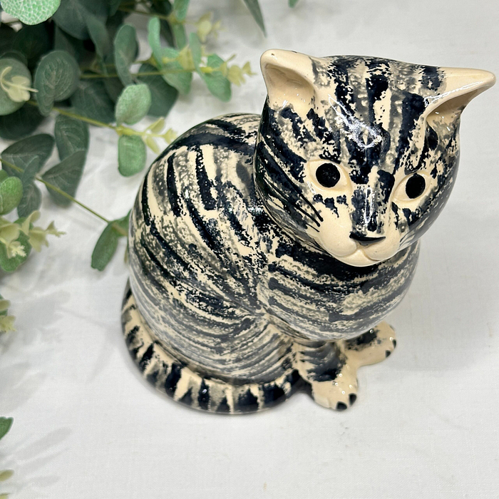 Vintage West Lodge Pottery Cat Figurine Large Ceramic Cream Black Grey Stripes