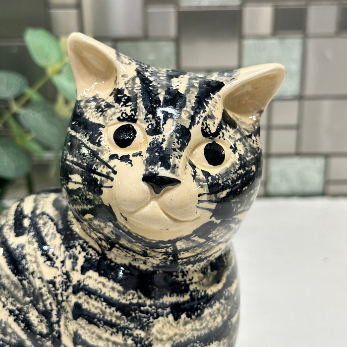 Vintage West Lodge Pottery Cat Figurine Large Ceramic Cream Black Grey Stripes