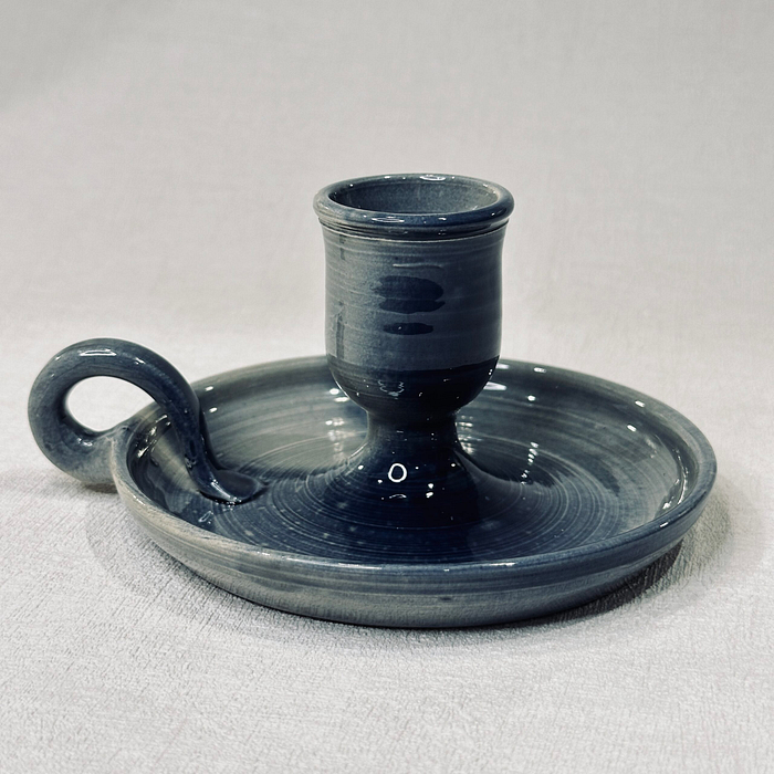 Vintage Studio Pottery Chamberstick Candle Holder Blue Grey Glaze