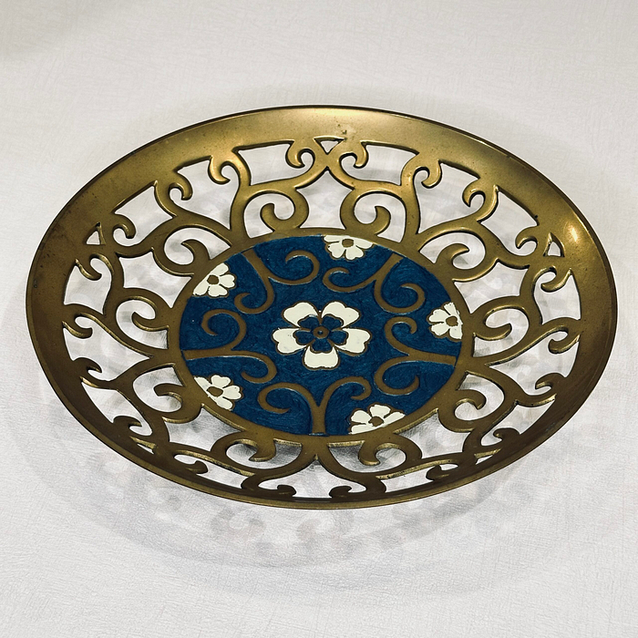 Large Vintage Indian Brass Dish Enamel Floral Cutout Design Heavy Made in India