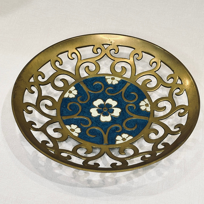 Large Vintage Indian Brass Dish Enamel Floral Cutout Design Heavy Made in India