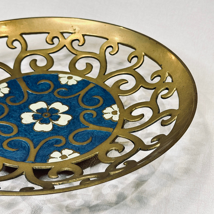 Large Vintage Indian Brass Dish Enamel Floral Cutout Design Heavy Made in India