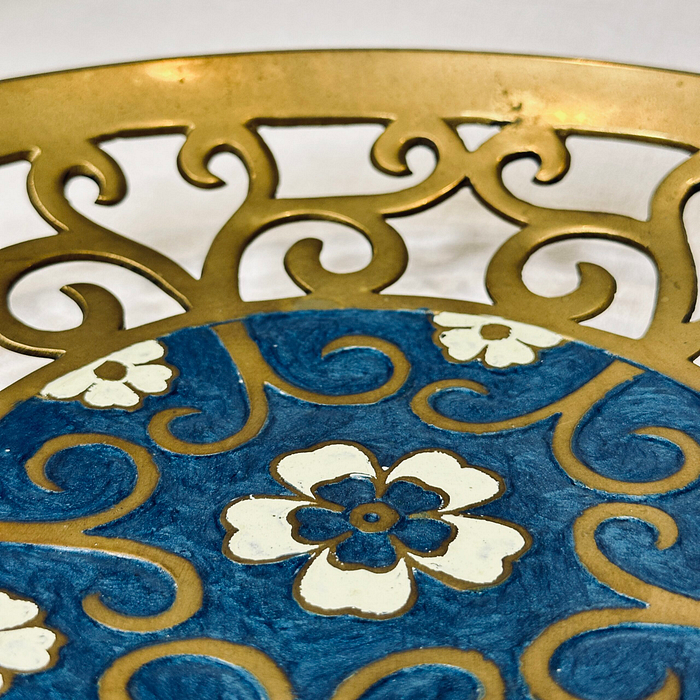 Large Vintage Indian Brass Dish Enamel Floral Cutout Design Heavy Made in India