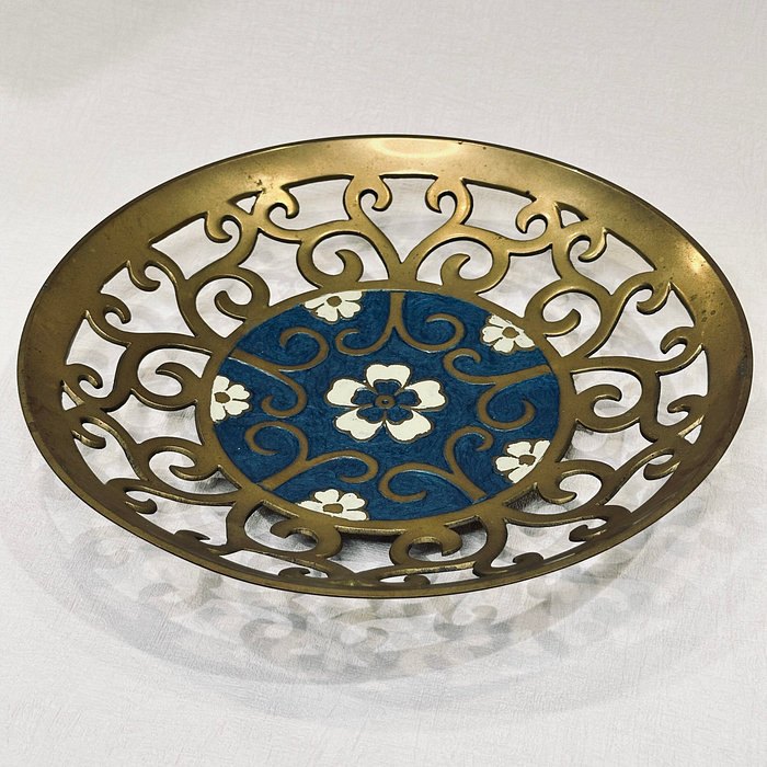 Large Vintage Indian Brass Dish Enamel Floral Cutout Design Heavy Made in India