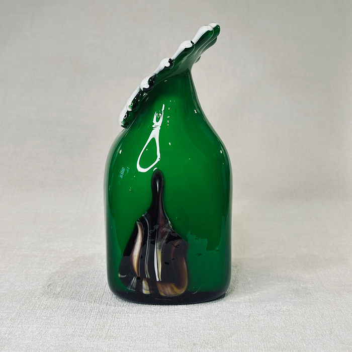 Title: Hand Blown Green Glass Vase Daisy Petal Rim Abstract Swirls Art Glass