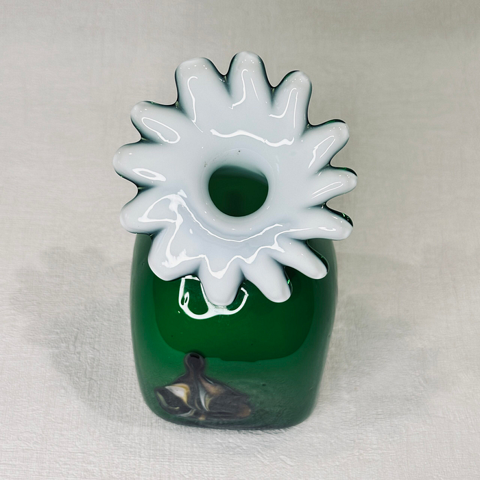 Title: Hand Blown Green Glass Vase Daisy Petal Rim Abstract Swirls Art Glass