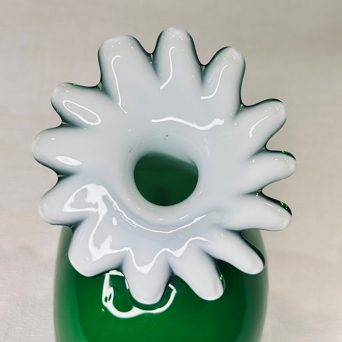 Title: Hand Blown Green Glass Vase Daisy Petal Rim Abstract Swirls Art Glass