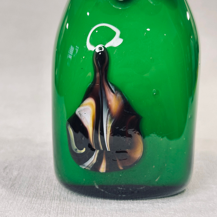 Title: Hand Blown Green Glass Vase Daisy Petal Rim Abstract Swirls Art Glass