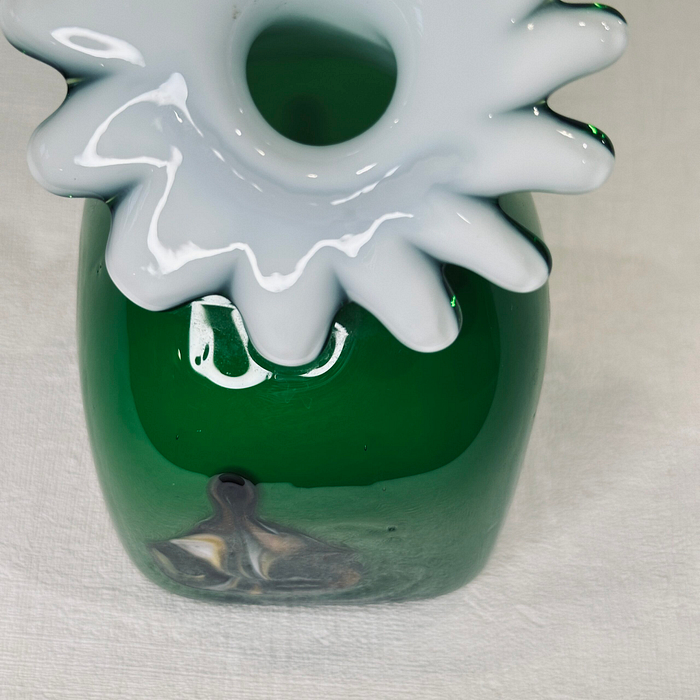 Title: Hand Blown Green Glass Vase Daisy Petal Rim Abstract Swirls Art Glass