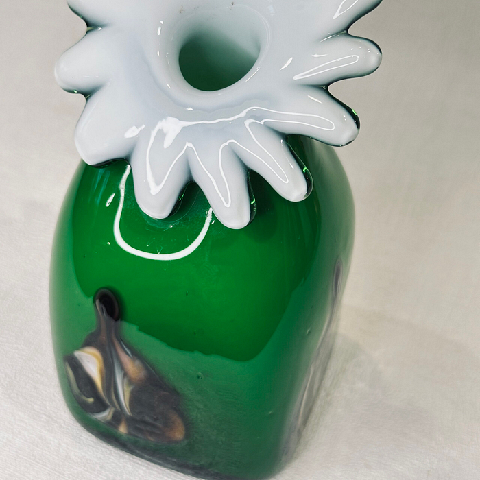 Title: Hand Blown Green Glass Vase Daisy Petal Rim Abstract Swirls Art Glass