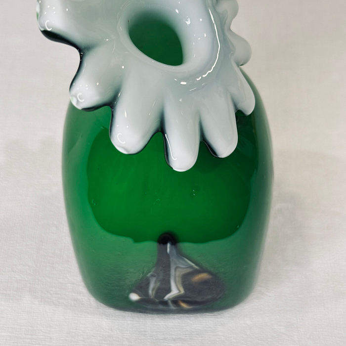 Title: Hand Blown Green Glass Vase Daisy Petal Rim Abstract Swirls Art Glass