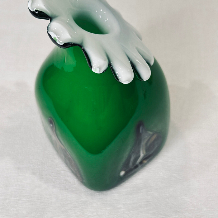 Title: Hand Blown Green Glass Vase Daisy Petal Rim Abstract Swirls Art Glass