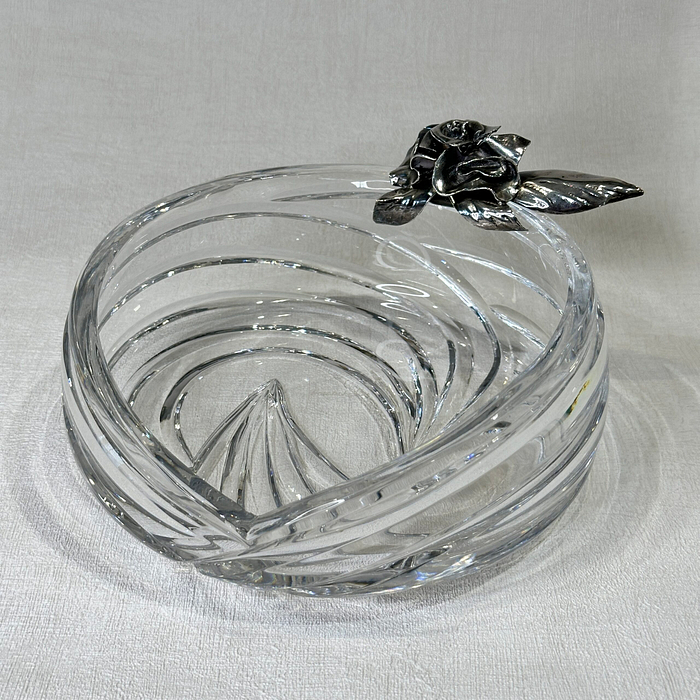 Vintage Pasabahce Crystal Bowl Wave Design Dish Silver Floral Accent Signed Turkey Glass