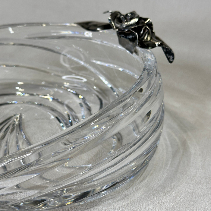 Vintage Pasabahce Crystal Bowl Wave Design Dish Silver Floral Accent Signed Turkey Glass