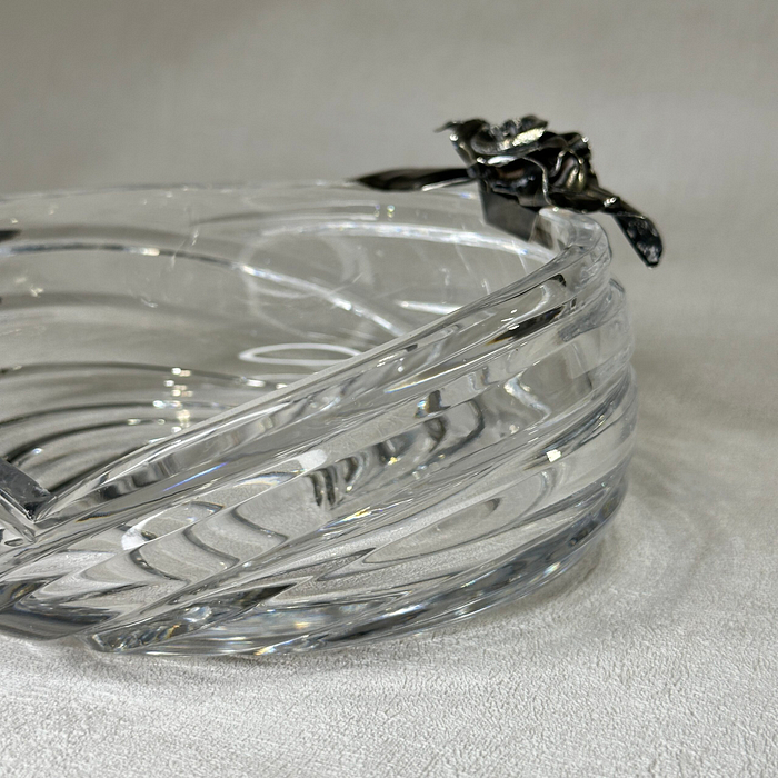 Vintage Pasabahce Crystal Bowl Wave Design Dish Silver Floral Accent Signed Turkey Glass