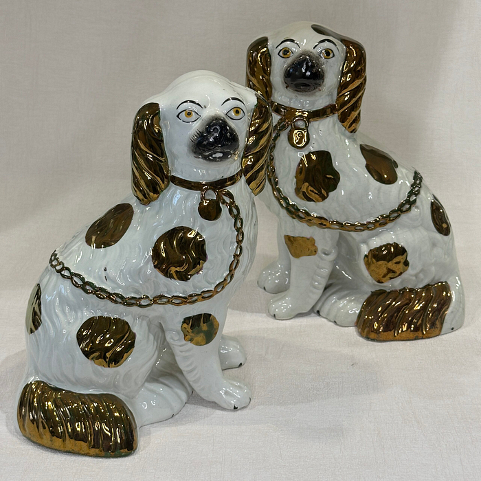 Antique Staffordshire Spaniels Dogs Copper Lustre 1860s Pair