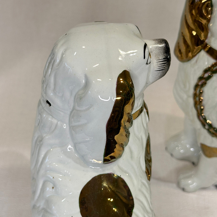 Antique Staffordshire Spaniels Dogs Copper Lustre 1860s Pair