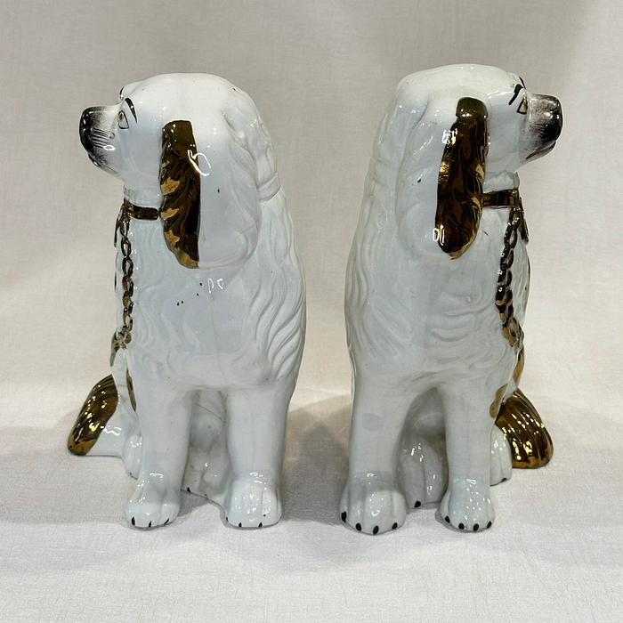 Antique Staffordshire Spaniels Dogs Copper Lustre 1860s Pair