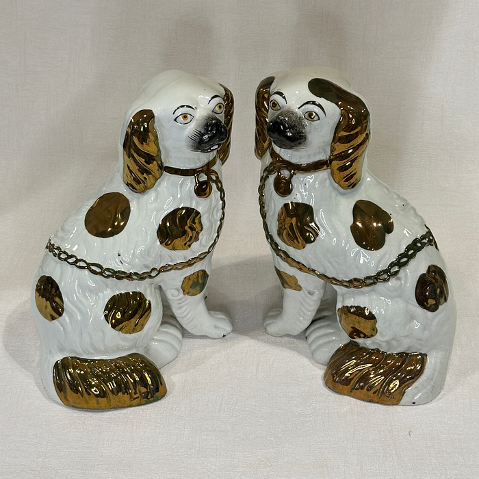 Antique Staffordshire Spaniels Dogs Copper Lustre 1860s Pair